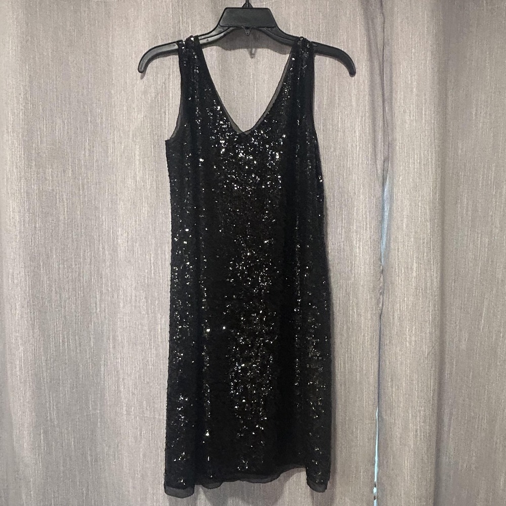 Talbots Dress Womens 4P Petite Black Sequin V Neck Shift Knee Length Cocktail